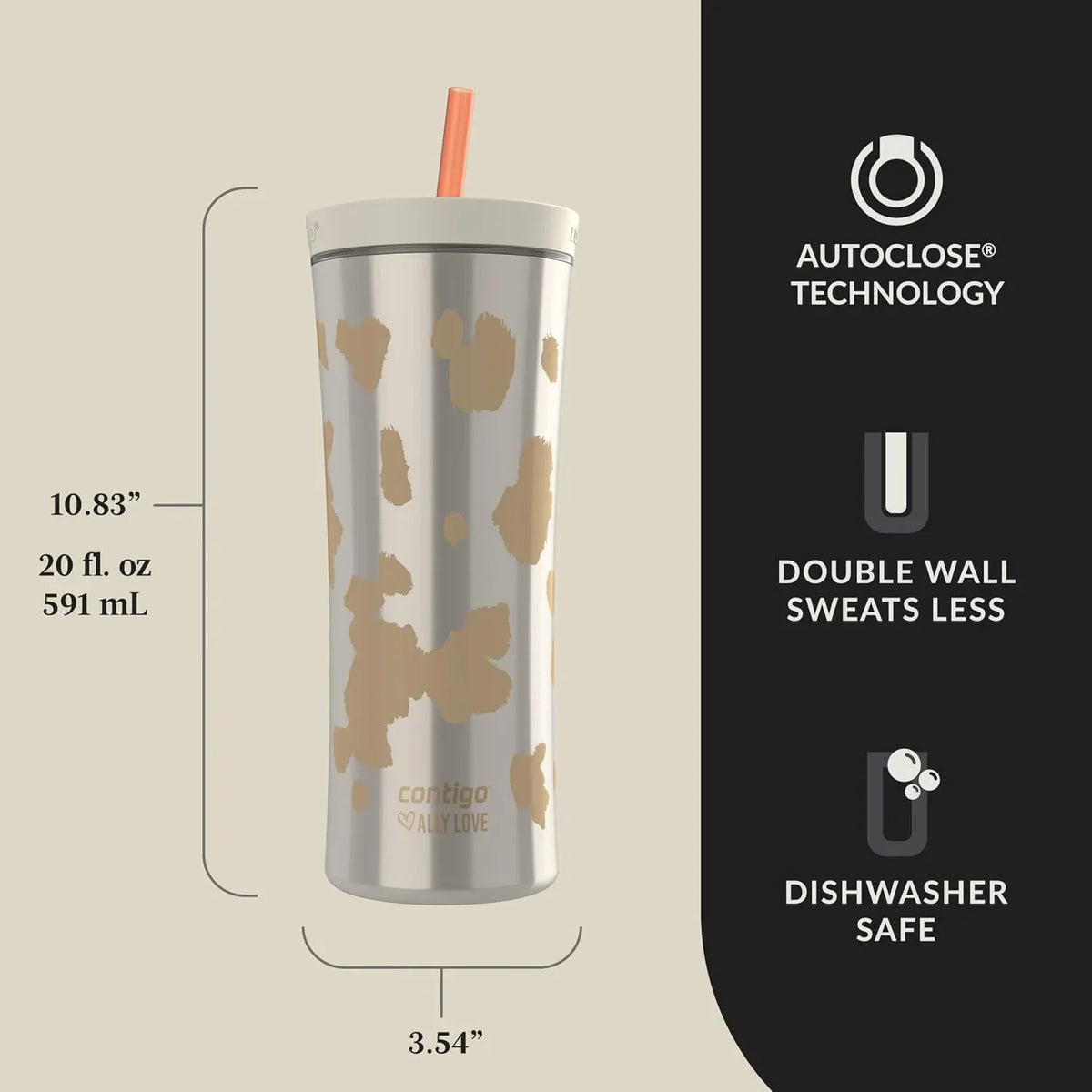 Contigo x Ally Love Shake & Go Tumbler, Autoclose Lid, Leak Proof, 20oz, Licorice