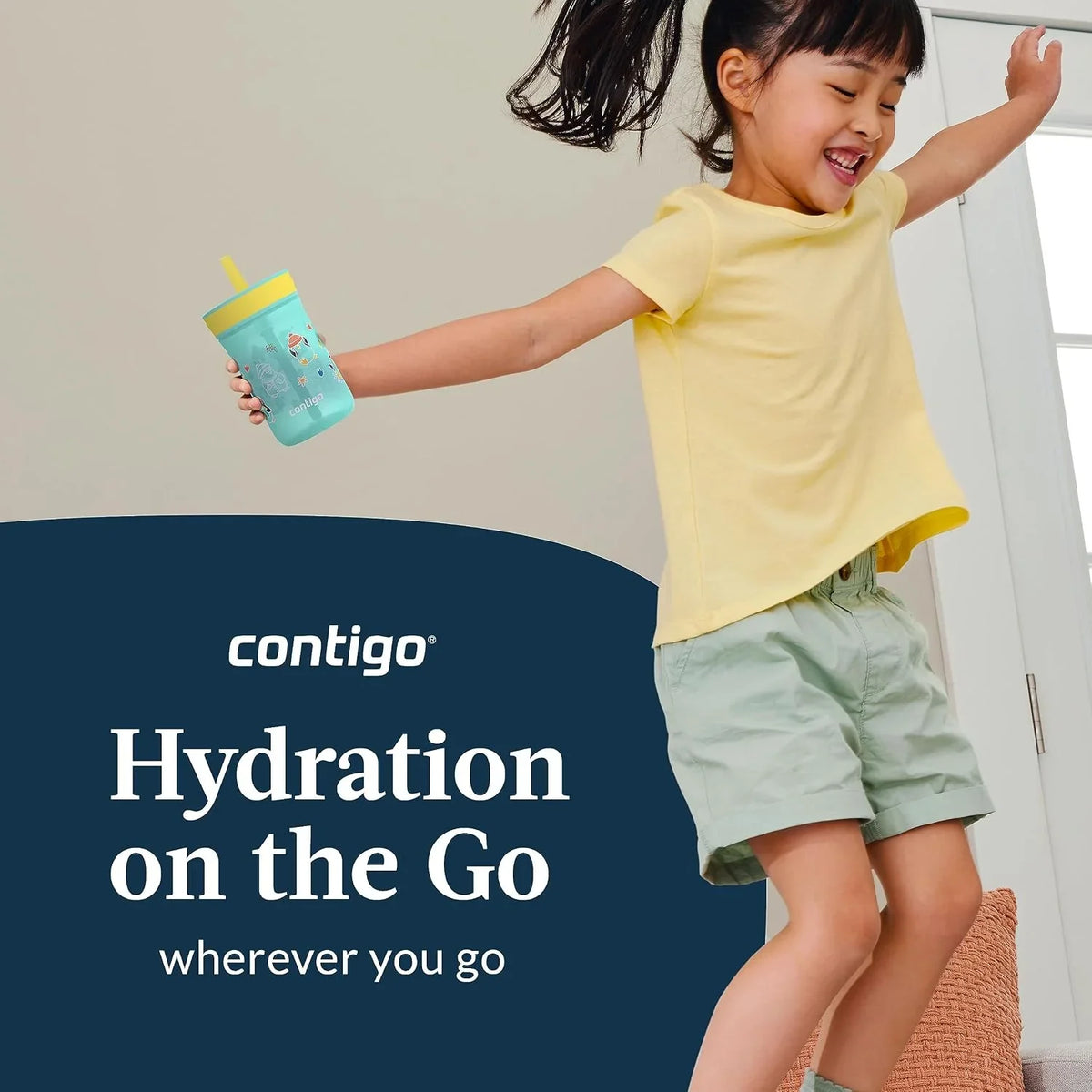 Contigo Kids’ Leighton Straw Tumbler with Spill-Proof Leak-Proof Lid 14oz Juniper/Blue Forest