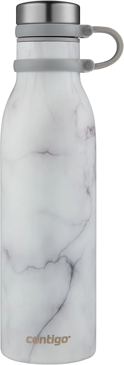 Contigo Matterhorn Vaccum Insulated Stainless Steel Water Bottle with Leak-Proof Chug Cap, Drinks Stay Cold up to 24 Hours or Hot up to 10 Hours, Fits Most Cup Holders, 20oz White Marble