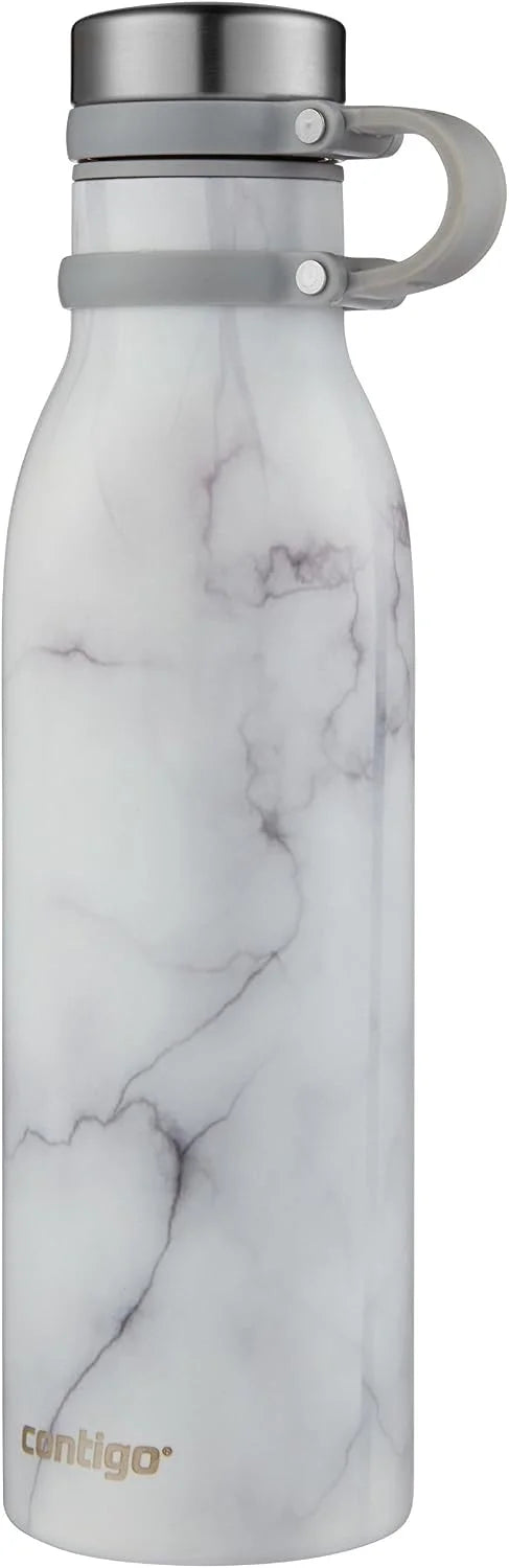 Contigo Matterhorn Vaccum Insulated Stainless Steel Water Bottle with Leak-Proof Chug Cap, Drinks Stay Cold up to 24 Hours or Hot up to 10 Hours, Fits Most Cup Holders, 20oz White Marble