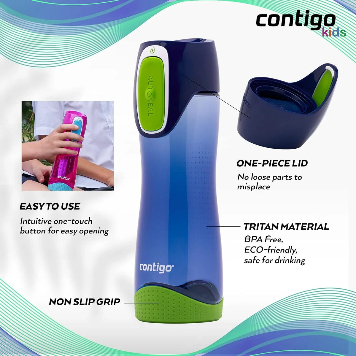 Contigo Swish Autoseal Water Bottle, Large BPA Free Drinking Bottle, Leakproof Gym Bottle, Ideal for Sports, Running, Bike, Running, Hiking