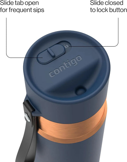 Contigo AutoSeal 24 oz Stainless Steel Vacuum-Insulated Water Bottle with Leakproof Push-Button Spout & Lock, Carry Strap, BPA-Free & Lead-Free, Dishwasher Safe
