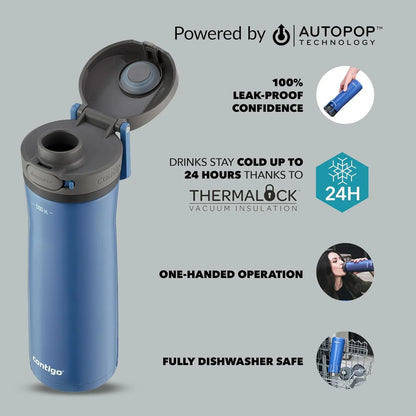 Contigo Jackson Chill Drink Bottle, Large BPA-Free Stainless Steel, 100% Leakproof, Keeps Drinks Cool Up to 24 Hours; Insulated Bottle for Sports, Cycling, Jogging, Hiking, 590 ml